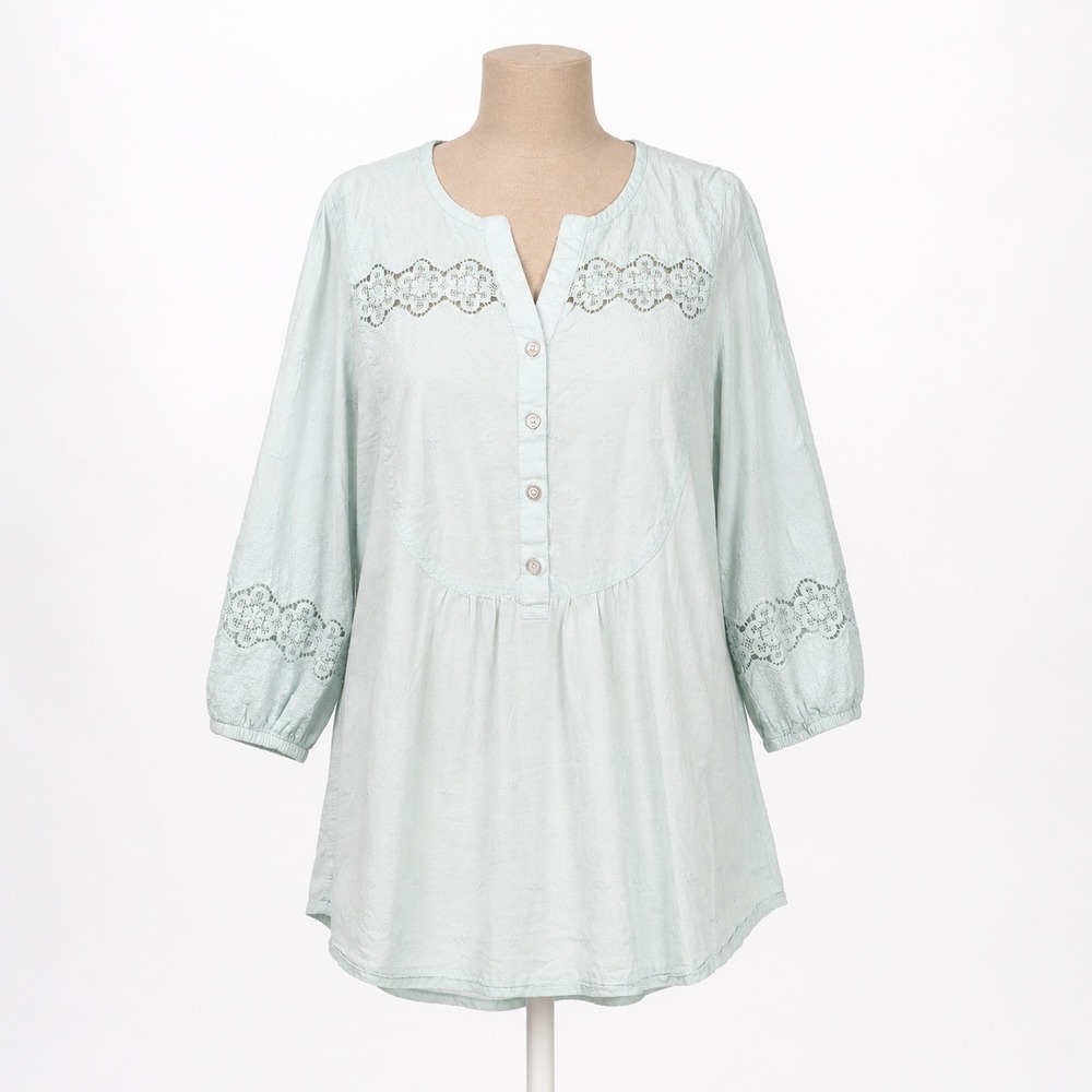 Muji Floral Eyelet Lace 100% Cotton Tunic Top Size XL Blue Coastal Beach Resort